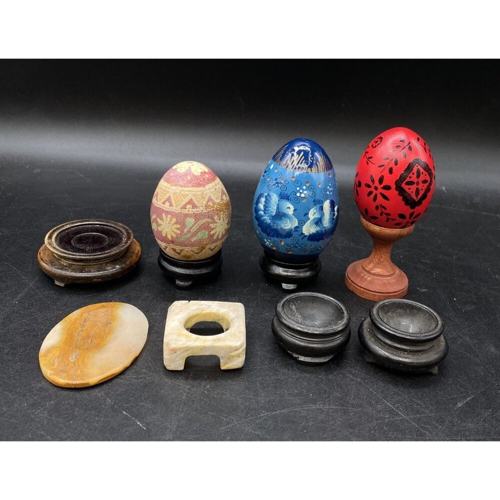 LOT Hand Painted Wood Egg on Stands Artist Signed Toth 8 Stands 3 Eggs